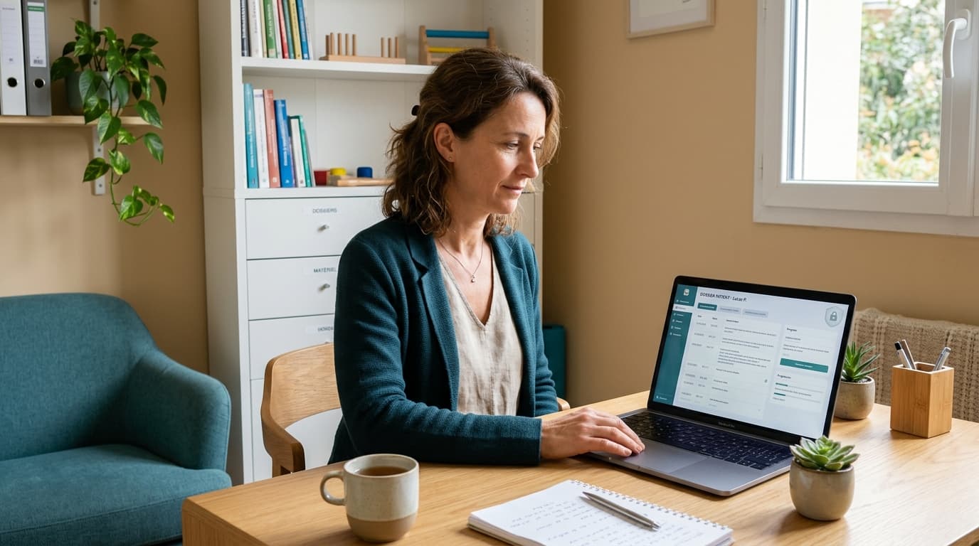 Orthophoniste consultant son dossier patient en toute sécurité dans son cabinet