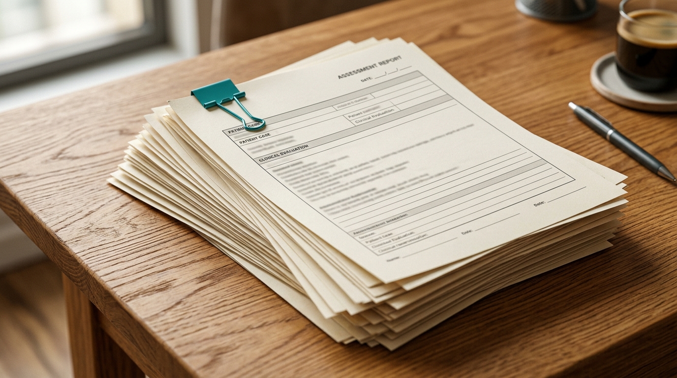 Pile de comptes rendus de bilan sur un bureau en bois, vue de dessus