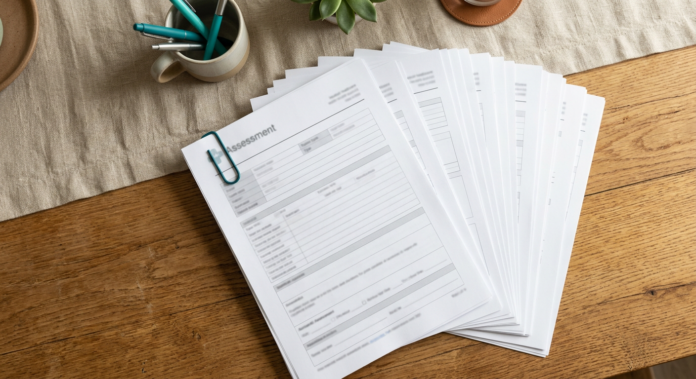 Pile de modèles de CRBO imprimés sur un bureau en bois, avec trombone vert et tasse en arrière-plan