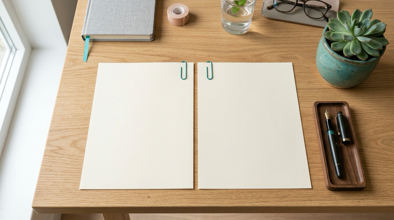 Deux feuilles vierges reliées par un trombone sur un bureau en bois, à côté d'un stylo plume et d'une plante