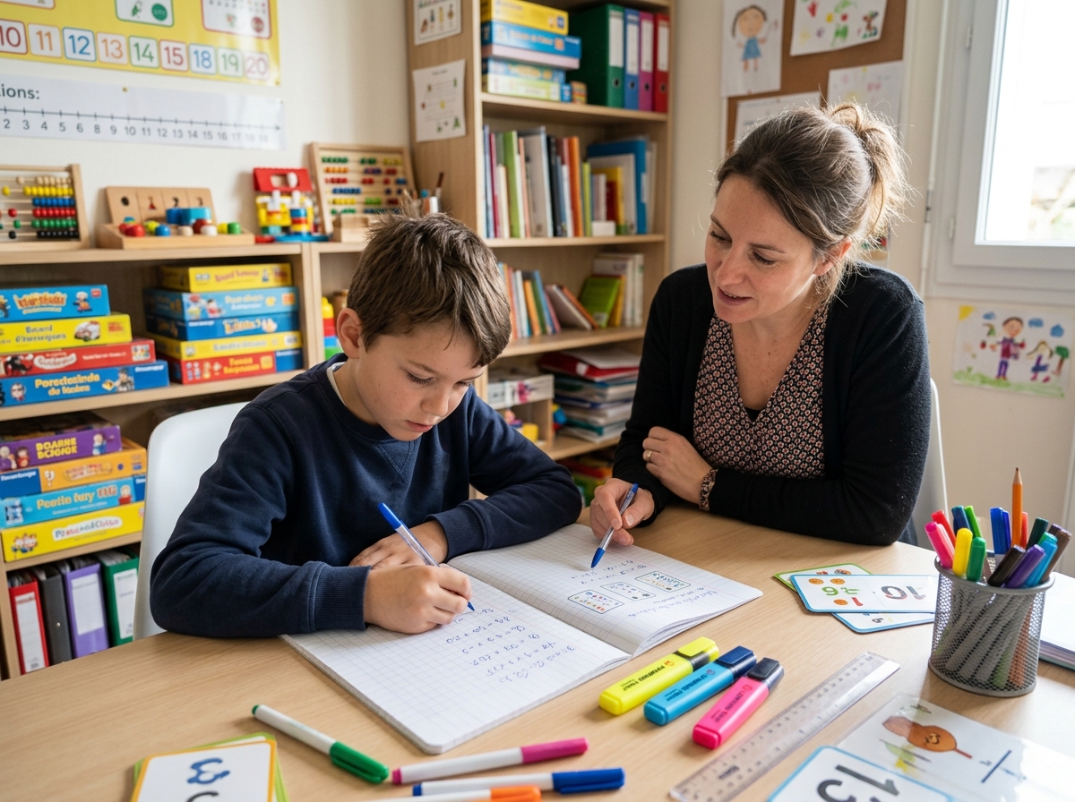 Enfant de cycle moyen résolvant un problème de calcul sur son cahier lors du bilan B-CM, accompagné de son orthophoniste