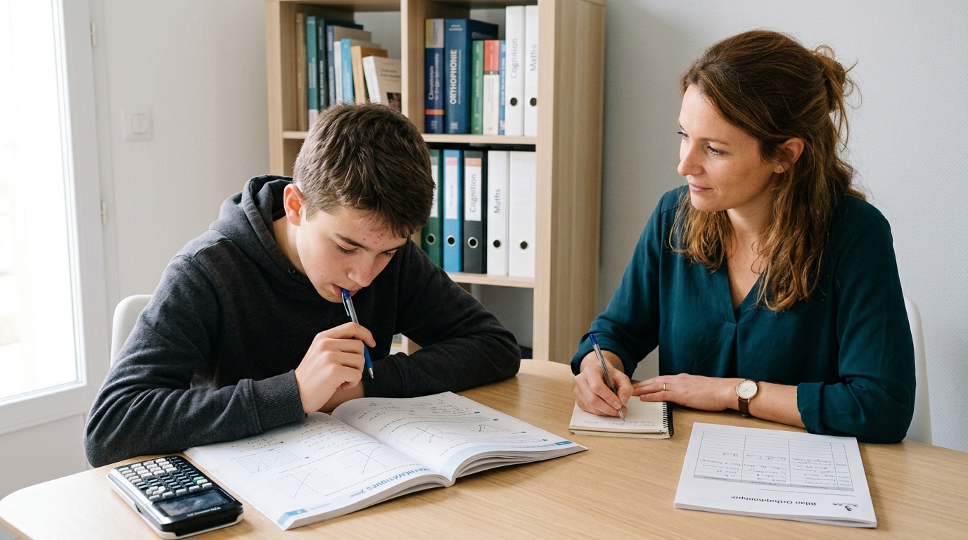 Adolescent passant le bilan B-CMado, calculatrice et cahier de mathématiques sur la table