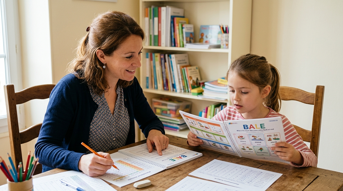 Enfant lisant à voix haute le livret BALE pour évaluer ses stratégies de lecture, accompagné de son orthophoniste
