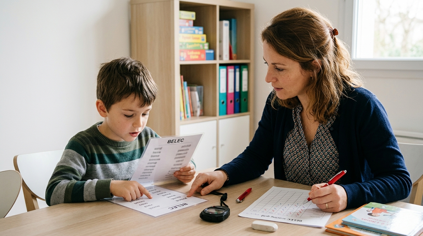 Enfant lisant à voix haute des fiches BELEC pour évaluer ses stratégies de lecture, avec son orthophoniste qui coche les erreurs et chronomètre