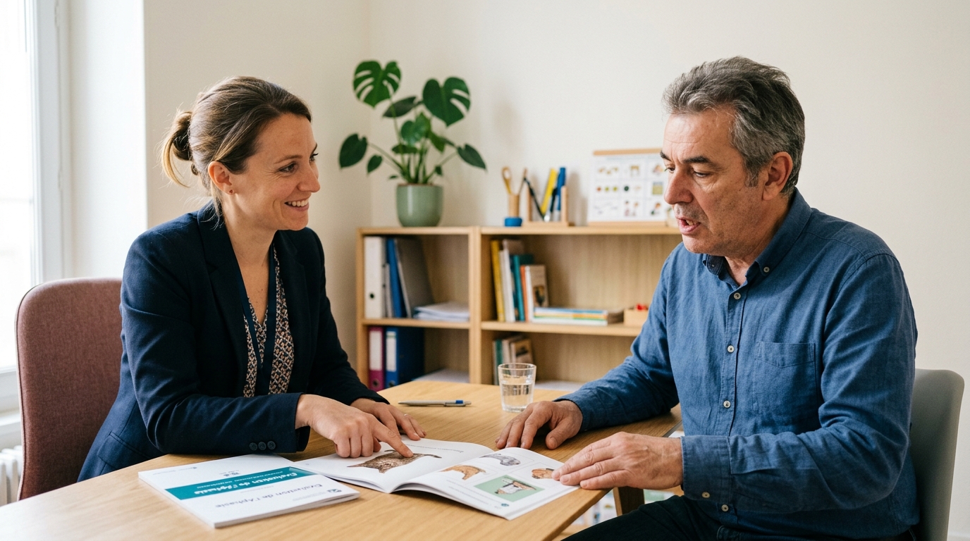 Orthophoniste évaluant un adulte aphasique post-AVC avec le livret BETL