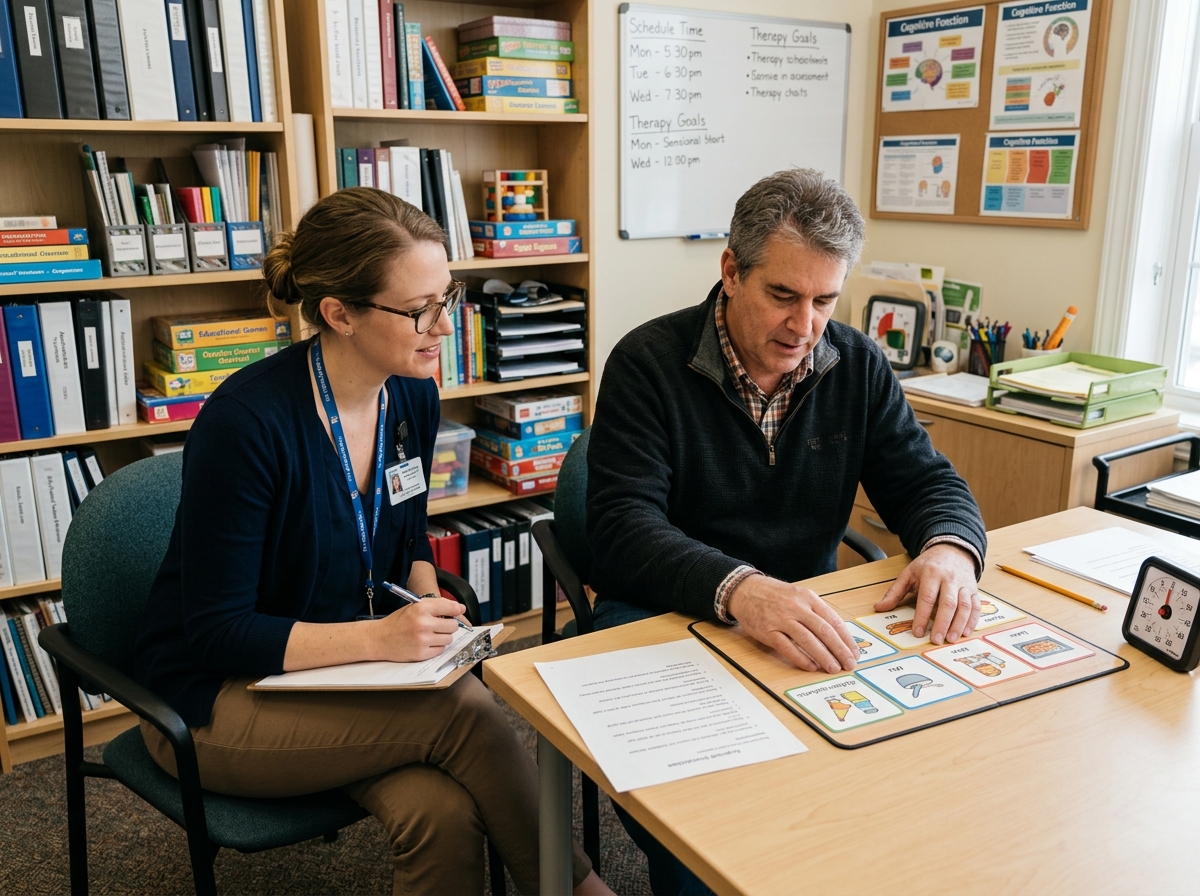 Adulte réalisant des tâches de fonctions exécutives pour la BREF, observé par son orthophoniste