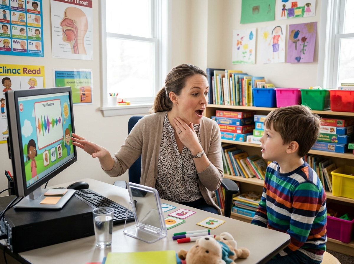 Orthophoniste expliquant des exercices de voix à un enfant, devant un écran, pour l'évaluation ECVO
