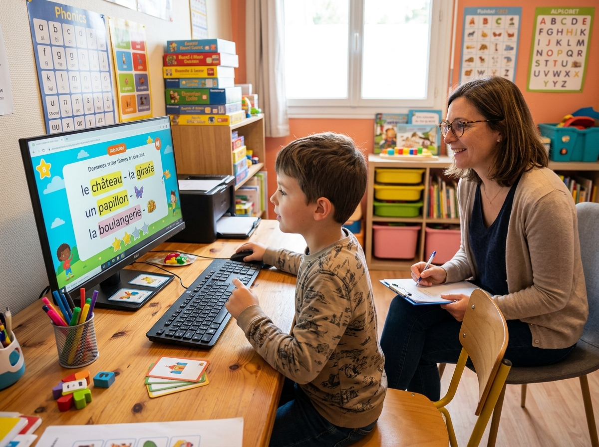 Enfant lisant des mots affichés à l'écran lors du test ELFE, avec son orthophoniste à côté de lui