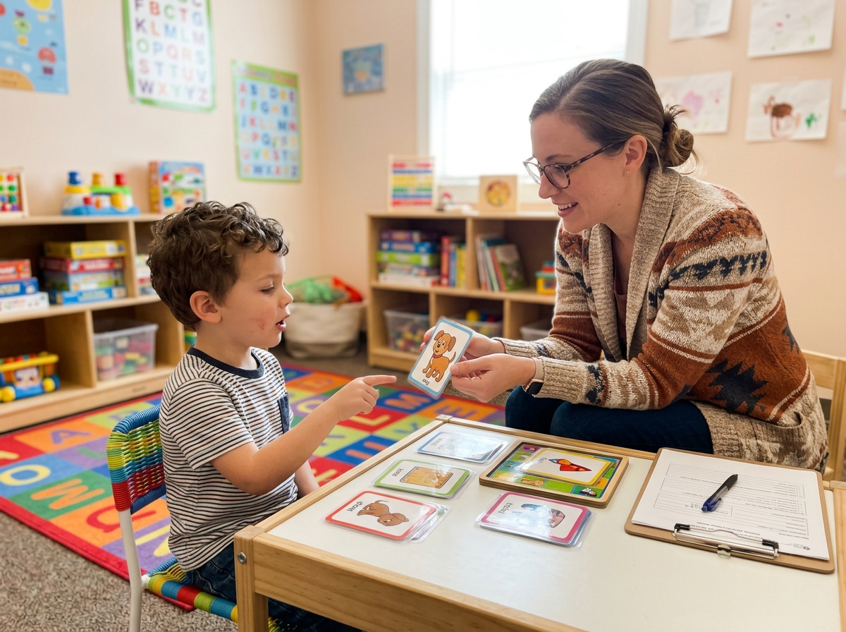 Enfant de 4 ans jouant à nommer des images avec son orthophoniste lors du dépistage ERTL4