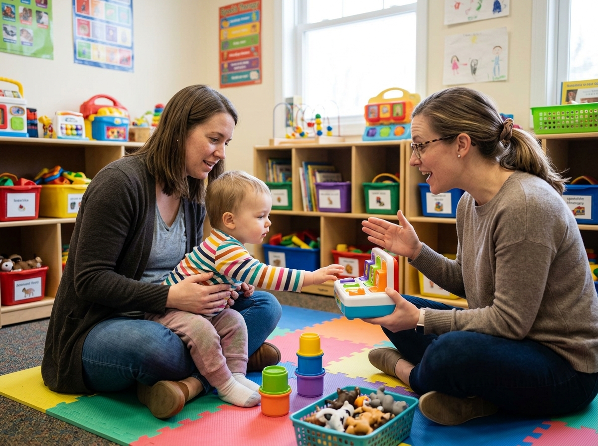Tout-petit sur les genoux d'un parent, orthophoniste lui montrant un jouet lors du bilan EVALO BB