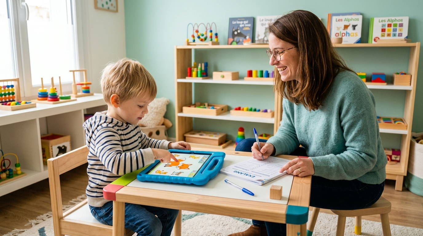 Jeune enfant passant le bilan Exalang 3-6 sur tablette en cabinet pédiatrique, accompagné de son orthophoniste