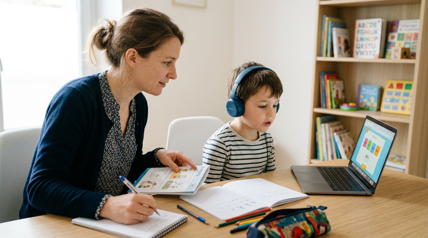Enfant en CP passant le test Exalang 5-8 sur MacBook avec casque audio, accompagné de son orthophoniste