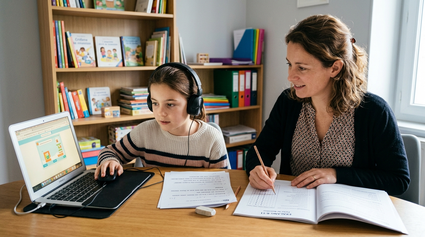 Enfant en cycle 3 passant le test Exalang 8-11 sur ordinateur avec casque, accompagné de son orthophoniste qui consulte le livret de cotation
