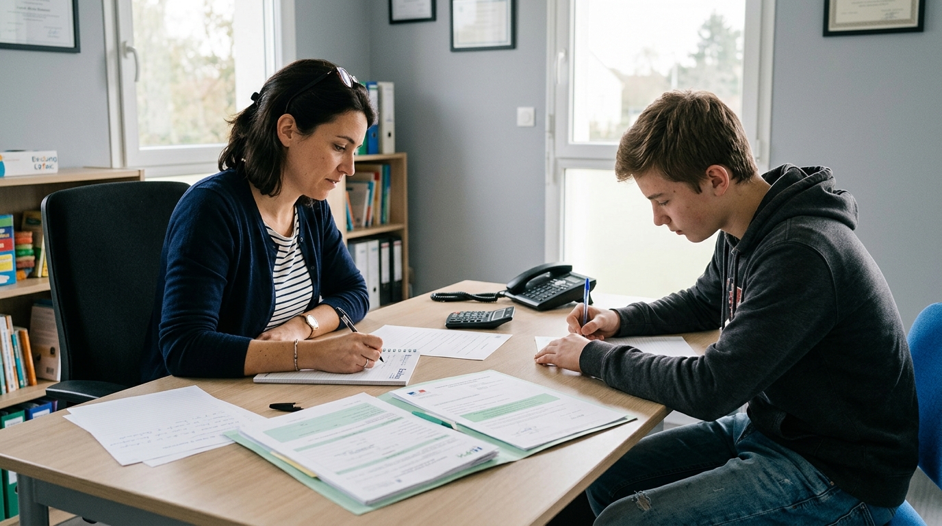 Adolescent lycéen passant le test Exalang Lyfac avec dossier MDPH et formulaires d'aménagements aux examens, accompagné de son orthophoniste