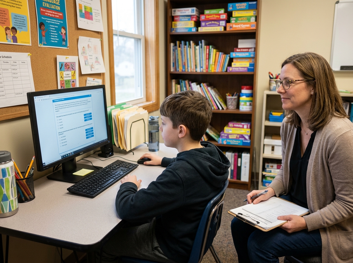 Enfant passant le test L2MA-2 sur ordinateur, son orthophoniste l'observant
