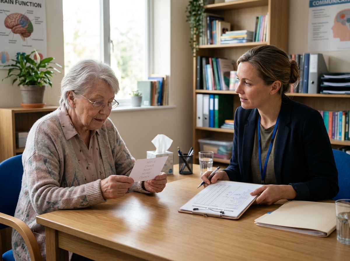 Personne âgée répondant aux questions du MMSE, avec son orthophoniste qui remplit la fiche de cotation
