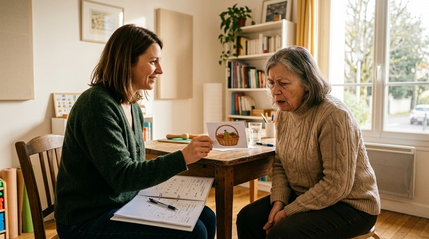Orthophoniste évaluant la mémoire d'une patiente âgée avec le test PrediMem en cabinet