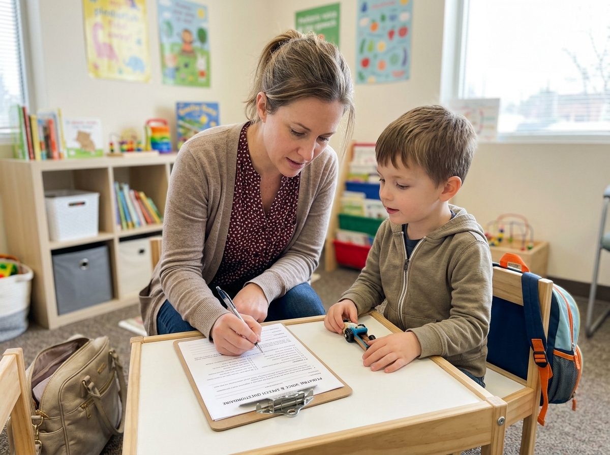 Parent remplissant le questionnaire pVHI sur la voix de son enfant, avec l'orthophoniste, l'enfant assis à côté
