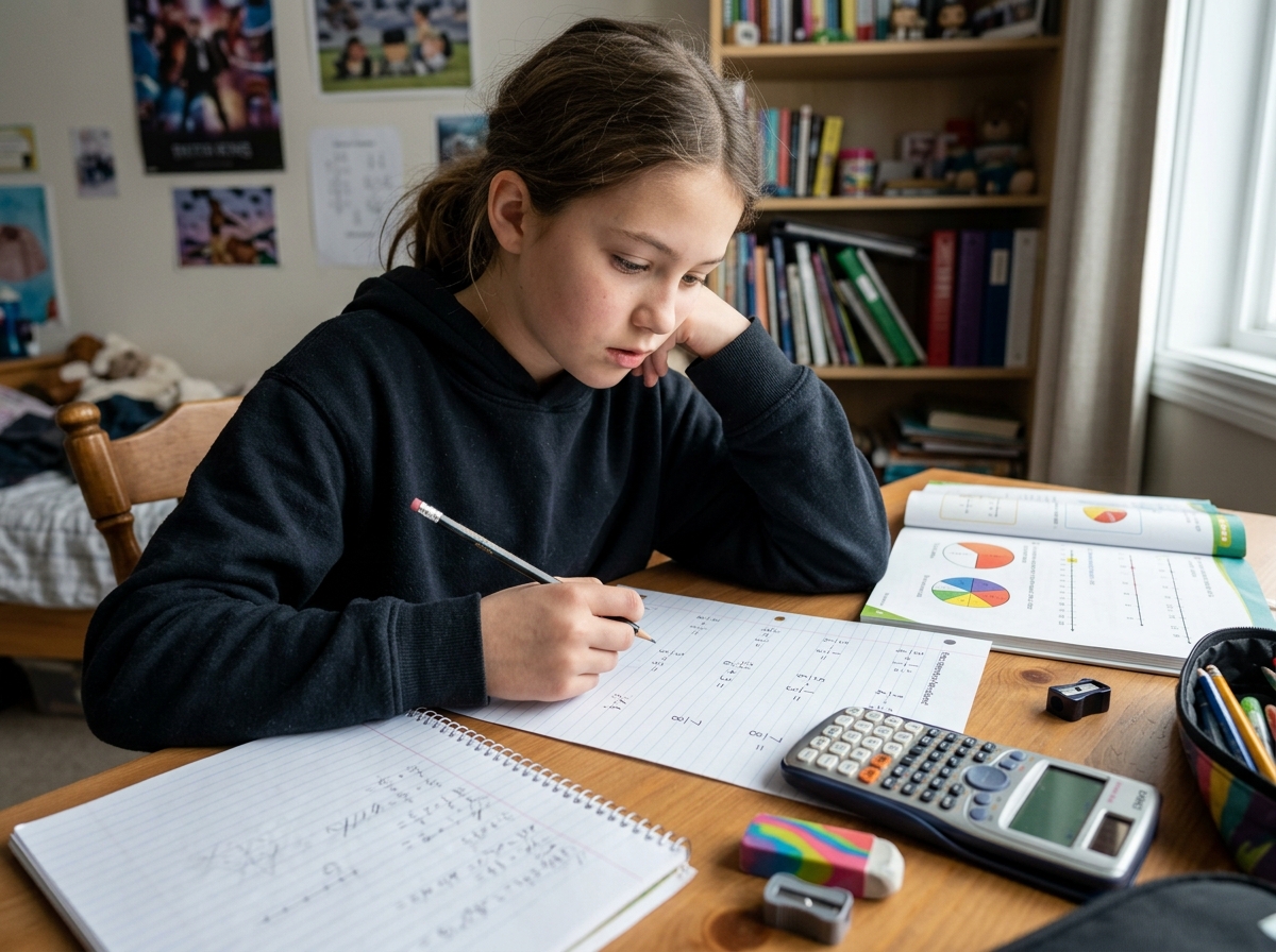 Élève de collège résolvant des problèmes de nombres sur une feuille, calculatrice à côté, pour le TEDI-MATH Grands
