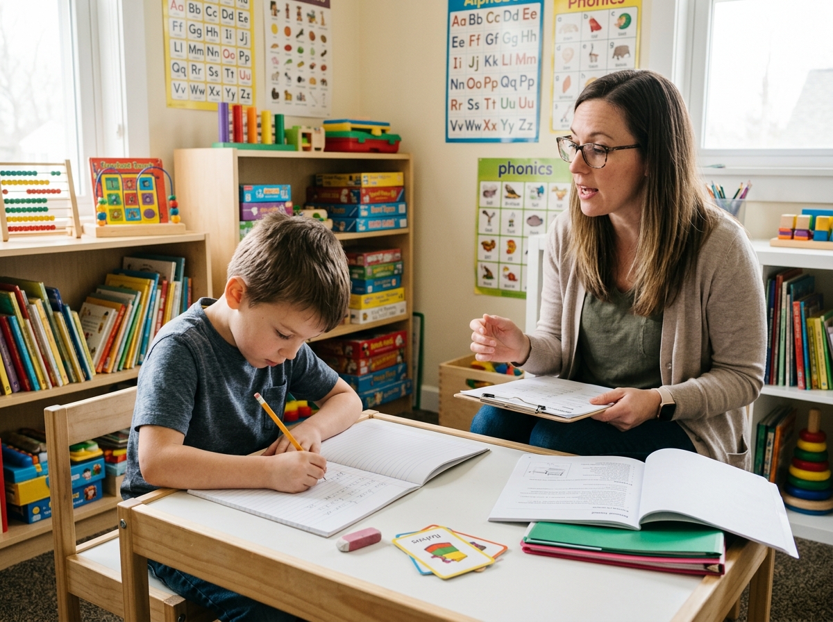 Enfant écrivant dans un cahier lors d'une épreuve de transcription du TIMÉ-3, avec son orthophoniste
