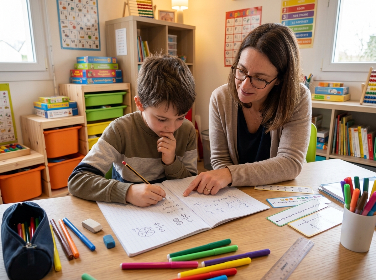 Enfant résolvant un problème de logique et de calcul dans son cahier, guidé par son orthophoniste lors d'une passation de l'UDN-3
