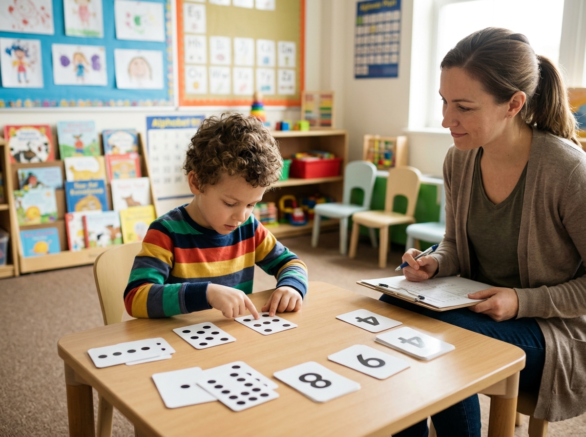 Enfant comptant des points sur des cartes numérotées lors du test UDN-II, avec son orthophoniste