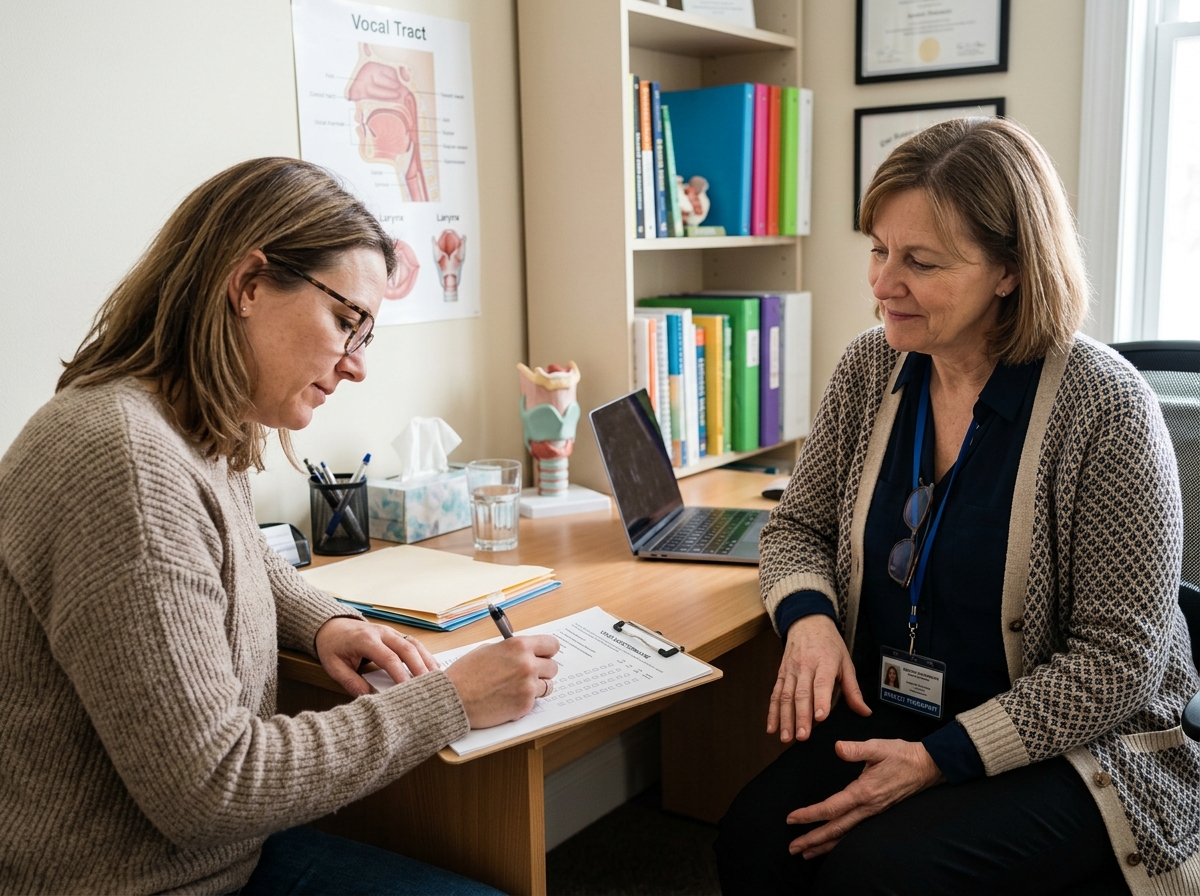Adulte répondant avec son orthophoniste à un questionnaire sur sa voix, le VHI