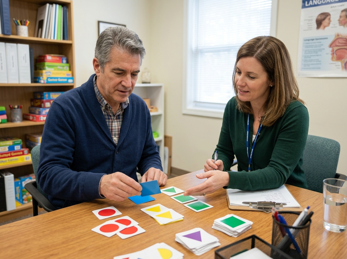 Adulte triant des cartes de formes et de couleurs pour le WCST, son orthophoniste à la table