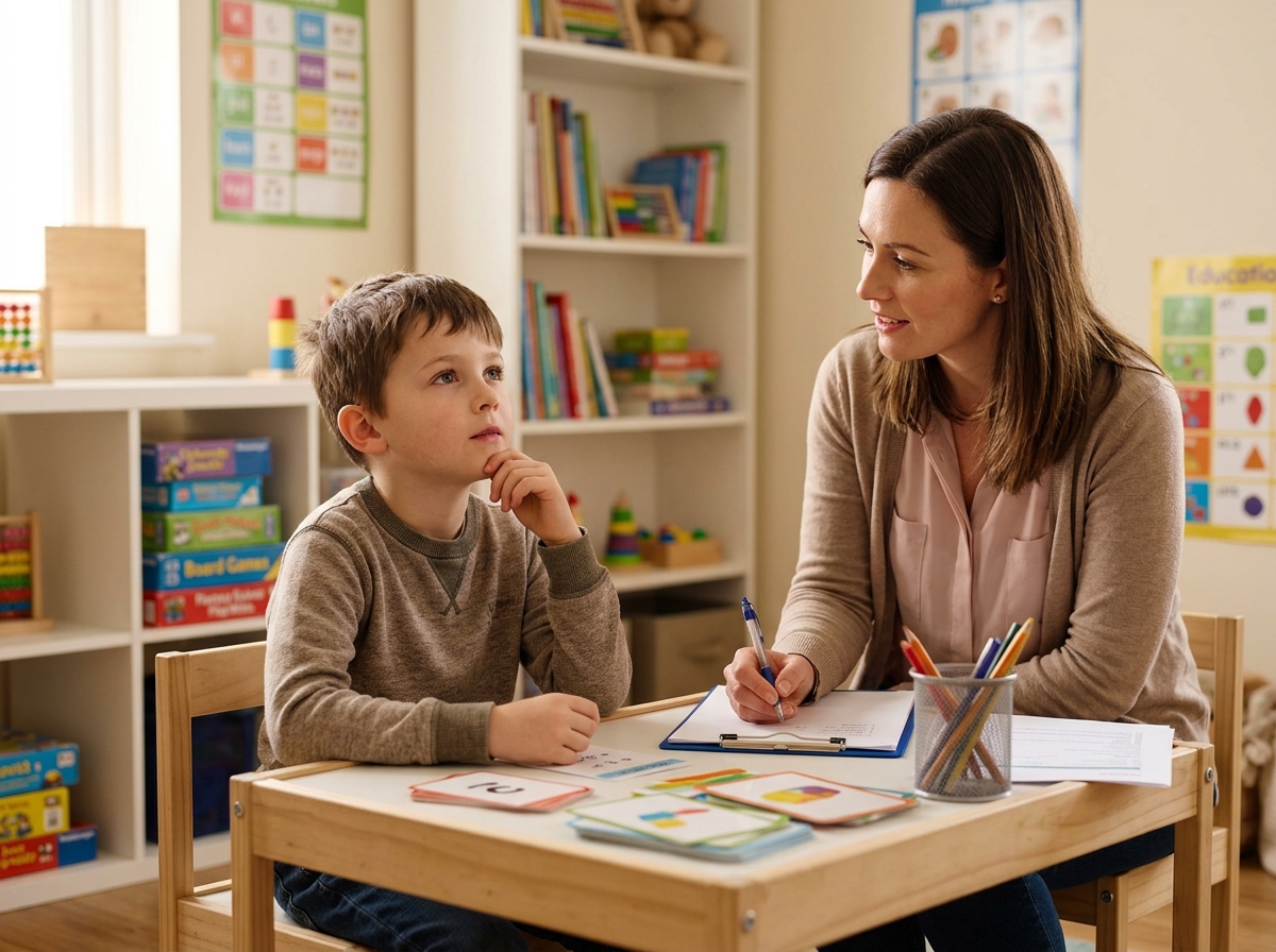 Enfant en pleine réflexion pendant une épreuve de calcul mental du ZAREKI-R, son orthophoniste notant les réponses