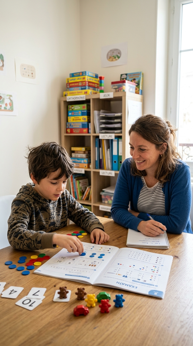 Enfant passant le bilan TEDI-MATH avec jetons et matériel manipulable, accompagné de son orthophoniste
