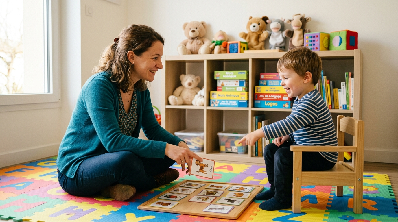 Jeune enfant passant le bilan L2MA-2 avec son orthophoniste sur tapis pédagogique
