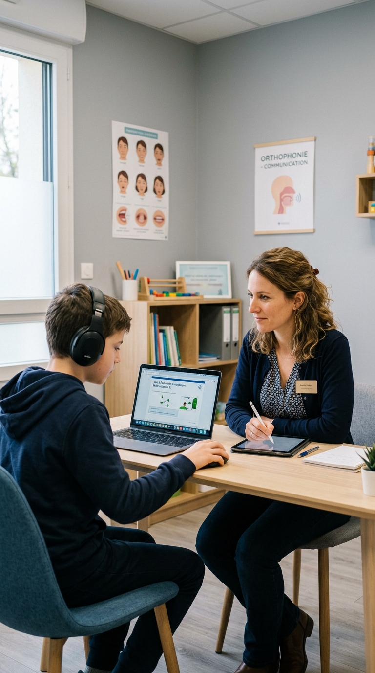 Adolescent passant le test Exalang 11-15 sur ordinateur, avec son orthophoniste qui prend des notes