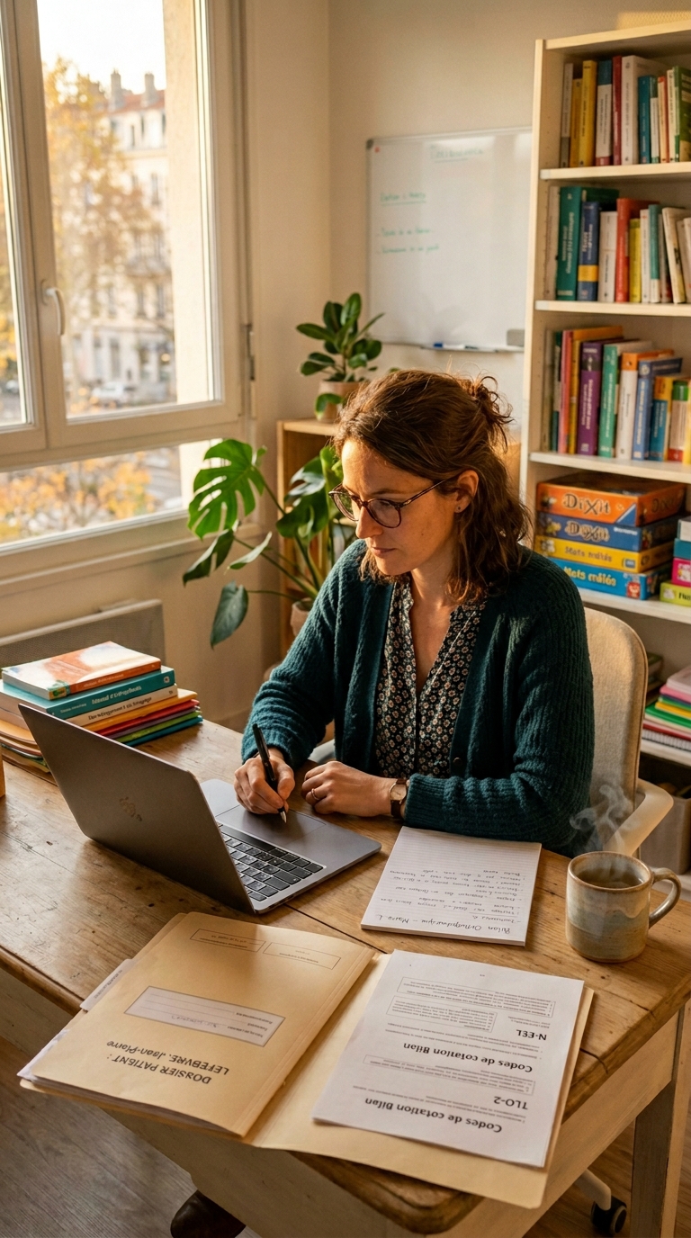 Orthophoniste rédigeant un compte rendu de bilan GRBAS à son bureau